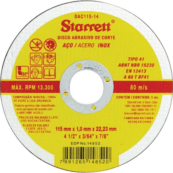 Disco de corte 115 mm x 1 mm x 22,23 mm, DAC115-14, STARRETT